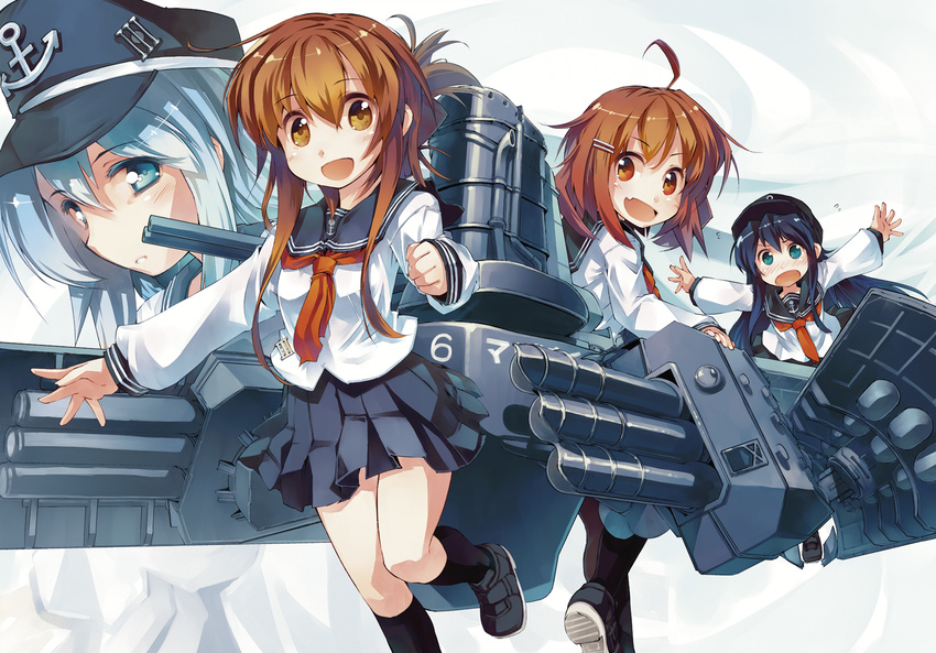 akatsuki_(kantai_collection) black_hair brown_eyes brown_hair cannon fang folded_ponytail green_eyes grey_eyes hibiki_(kantai_collection) ikazuchi_(kantai_collection) inazuma_(kantai_collection) kantai_collection long_sleeves looking_at_viewer multiple_girls nanaroku_(fortress76) neckerchief open_mouth outstretched_arms pantyhose red_neckwear school_uniform serafuku shirt silver_hair skirt smile