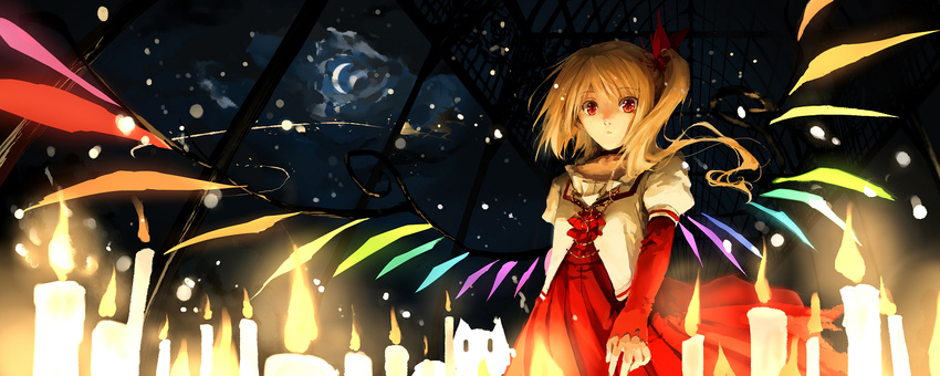 adapted_costume alternate_costume arm_behind_back bad_id bad_pixiv_id blonde_hair bridal_gauntlets candle cloud crescent_moon dress fancybetty flandre_scarlet hair_ribbon hallway light_particles long_sleeves looking_at_viewer moon night night_sky no_hat no_headwear puffy_sleeves red_dress red_eyes ribbon short_hair side_ponytail sky slit_pupils solo star_(sky) starry_sky touhou vest window wings