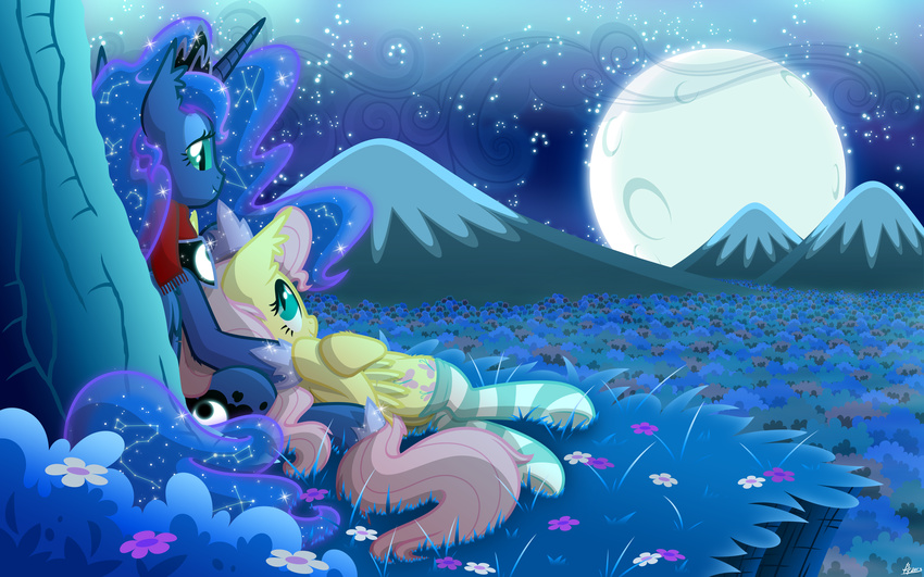 blue_eyes blue_fur blue_hair burnedpigeon clife cliff clothing crown cutie_mark duo equine fangs female feral flower fluttershy_(mlp) forest friendship_is_magic fur green_eyes hair hi_res horn horse legwear long_hair lying mammal moon my_little_pony night on_side pegasus pink_hair pony princess_luna_(mlp) royalty scarf sitting smile stockings teeth tree winged_unicorn wings yellow_fur