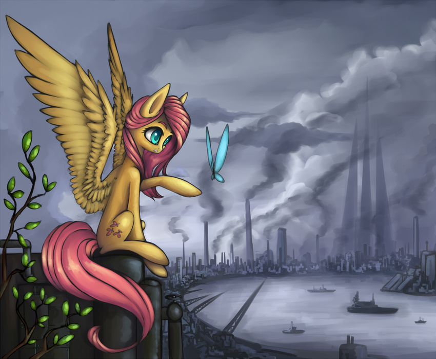 asimos butterfly city cloud clouds cutie_mark cyan_eyes equine feathers female feral fluttershy_(mlp) flying friendship_is_magic fur hair horse insect mammal my_little_pony pegasus pink_hair pony sitting solo wings yellow_fur