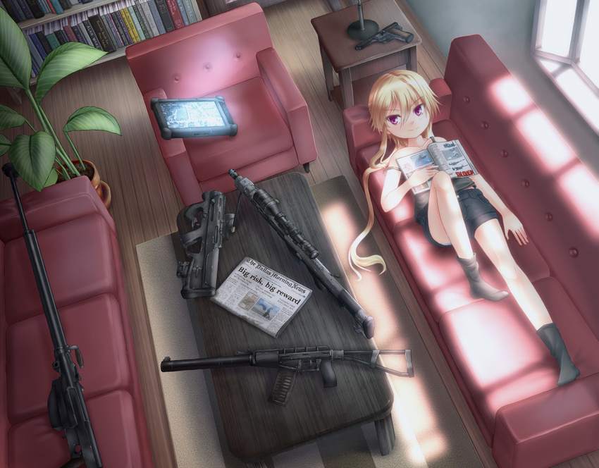 as_val assault_rifle blonde_hair book bookshelf bullpup chair coffee_table couch dreadtie dsr-1 gun gyrojet handgun jessica_jefferson long_hair lying magazine magpul_pdr newspaper on_back original pistol plant ponytail potted_plant ptrs-41 red_eyes rifle shorts sniper_rifle socks solo submachine_gun suppressor table tablet_pc weapon window