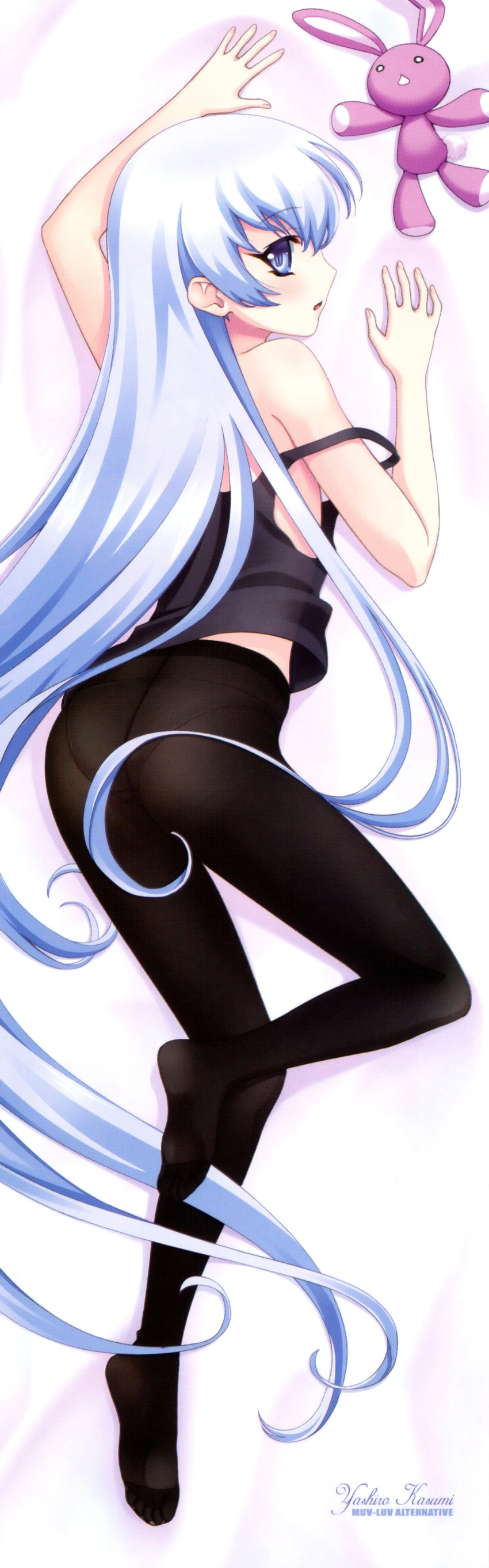 absurdres ass black_legwear blue_eyes blue_hair bou camisole crotch_seam dakimakura feet highres legs long_hair muvluv muvluv_alternative panties panties_under_pantyhose pantyhose scan solo strap_slip stuffed_animal stuffed_bunny stuffed_toy underwear very_long_hair yashiro_kasumi