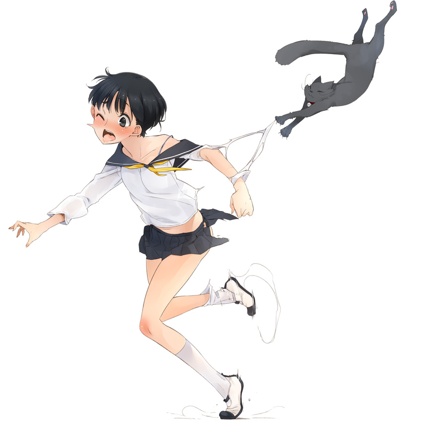 aka_ume bell black_eyes black_hair blush bra_strap cat collar highres jingle_bell kneehighs off_shoulder one_eye_closed open_mouth original school_uniform scratches serafuku shoes short_hair skirt solo tears torn_clothes uwabaki