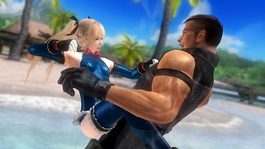 1boy 1girl 3d angry battle bayman bayman_(doa) beach blonde_hair dead_or_alive dead_or_alive_5 highres marie_rose ocean official_art palm_tree tecmo tree water