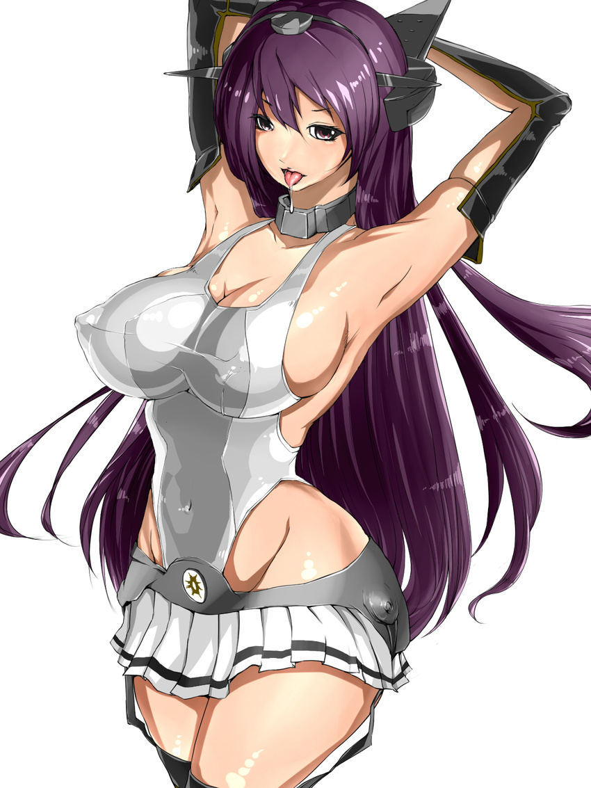 1girl alternate_hair_color armpits arms_up artist_request breasts chozetsu cleavage covered_nipples erect_nipples female highres kantai_collection large_breasts long_hair nagato_(kantai_collection) nipples purple_eyes purple_hair saliva solo source_request standing tongue tongue_out