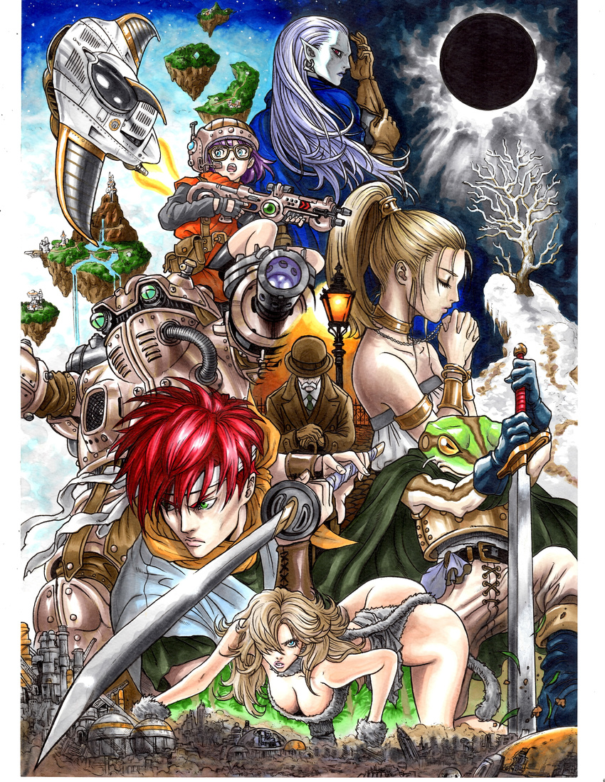 4boys absurdres all_fours arm_cannon armlet armor ayla_(chrono_trigger) bandana bandeau bangle belt blonde_hair blue_eyes bowler_hat bracelet breastplate breasts building cane cape choker chrono_trigger cleavage closed_eyes crono earrings eclipse epoch everyone facial_hair fighting_stance fingerless_gloves floating_island formal frog fur gaspar glasses gloves green_eyes gun hair_over_one_eye hat helmet highres jewelry kaeru_(chrono_trigger) katana lamppost large_breasts long_hair long_sleeves lucca_ashtear magus marker_(medium) marle multiple_boys multiple_girls mustache necklace necktie pointy_ears ponytail pouch praying purple_hair red_eyes red_hair robo robot short_hair silver_hair sky slit_pupils snow solar_eclipse star_(sky) starry_sky suit sword tail takumi_(marlboro) time_machine traditional_media tree vambraces wasteland water waterfall weapon white_hair white_skin yellow_sclera