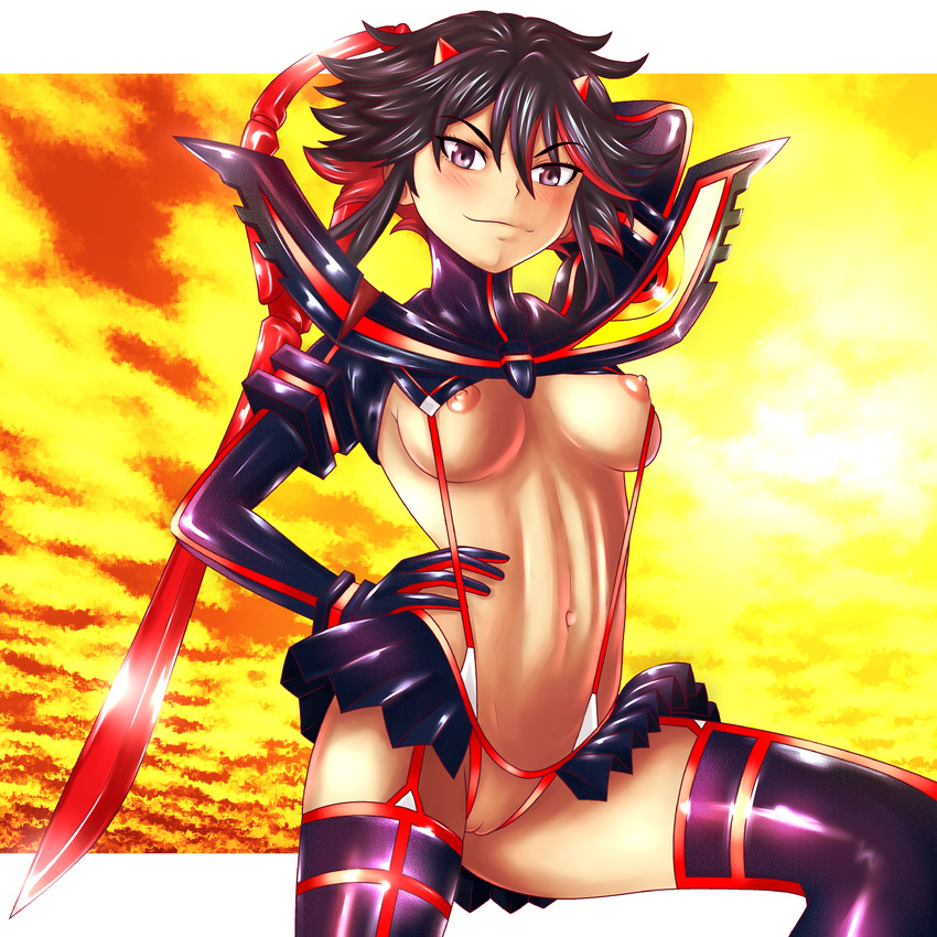 black_hair blush breasts hand_on_hip highres kill_la_kill matoi_ryuuko medium_breasts multicolored_hair navel nike_(0306) nipples purple_eyes pussy scissor_blade senketsu short_hair smug thighhighs two-tone_hair uncensored