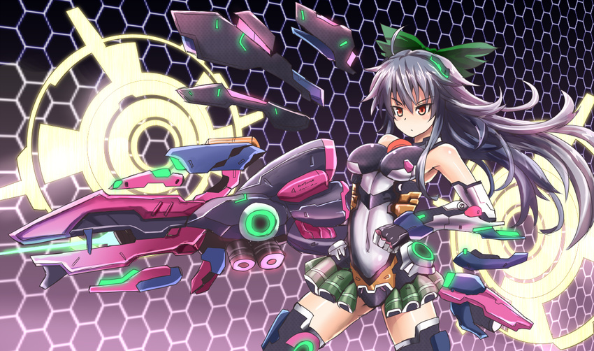 alternate_costume alternate_weapon arm_cannon armpits bare_shoulders black_hair bodysuit bow elbow_gloves energy_cannon gloves hair_bow honeycomb_(pattern) honeycomb_background long_hair mecha_musume metal_gloves red_eyes reiuji_utsuho solo sumapan thighhighs touhou very_long_hair weapon zettai_ryouiki