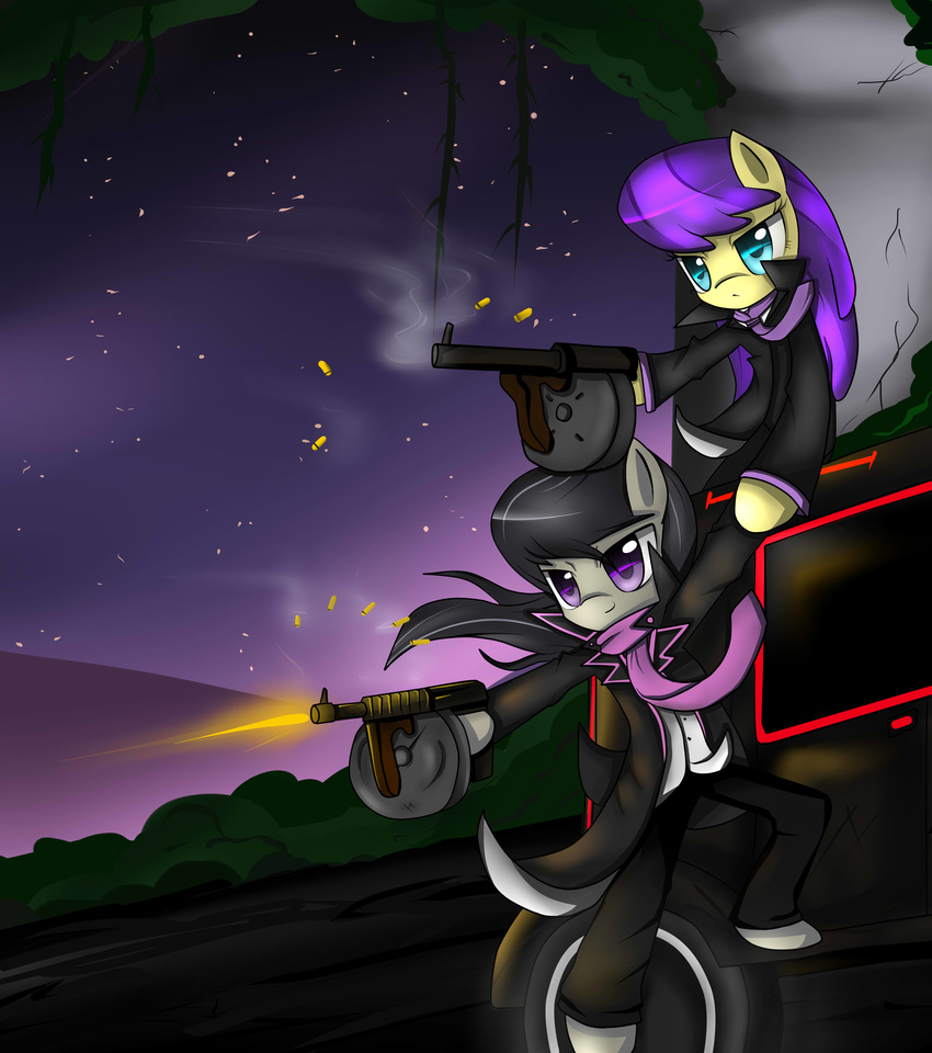 black_hair blue_eyes car clothing cyanaeolin equine female feral friendship_is_magic fur grey_fur gun hair hi_res horse long_hair mammal my_little_pony necktie night octavia_(mlp) open_mouth original_character outside pony purple_hair ranged_weapon smile smoke suit tommy_gun tommygun two_tone_hair weapon yellow_fur