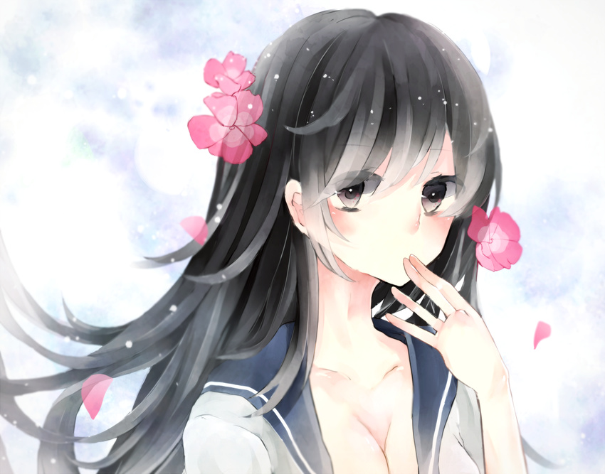 black_eyes black_hair cleavage flowers long_hair original petals seifuku utsumi_sae