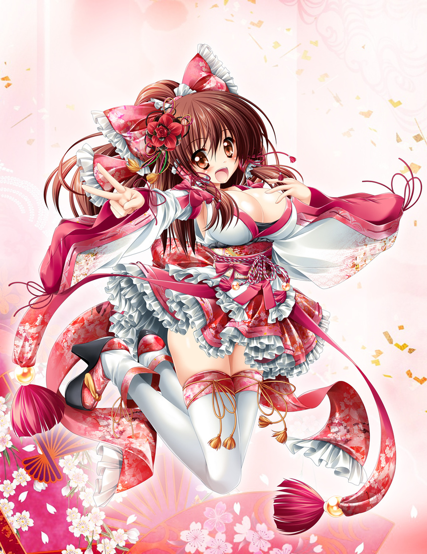 adapted_costume arm_ribbon bow breasts brown_eyes brown_hair cherry_blossoms cleavage clog_sandals detached_sleeves floral_print flower hair_bow hair_flower hair_ornament hair_tubes hakurei_reimu highres japanese_clothes jumping kamiya_tomoe kimono large_breasts leg_ribbon long_hair long_sleeves looking_at_viewer no_bra obi open_mouth outstretched_arm petals platform_footwear platform_heels ponytail ribbon sash smile solo thighhighs touhou v very_long_hair white_legwear wide_sleeves zettai_ryouiki