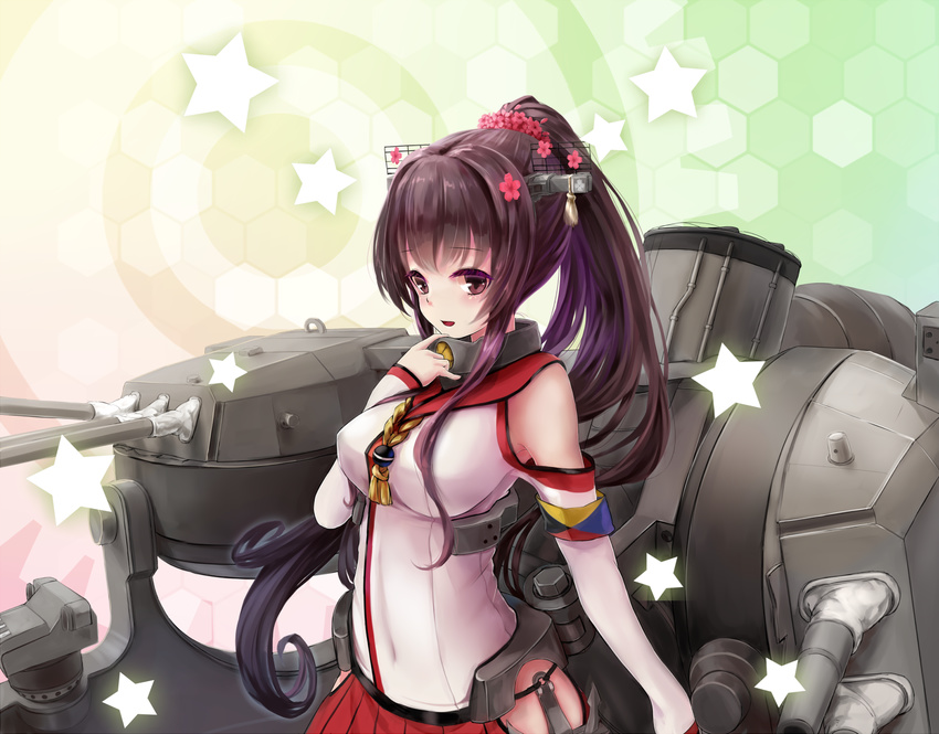 anchor blush breasts brown_eyes brown_hair cannon cherry_blossoms detached_sleeves flower hair_flower hair_ornament headgear hex_grid highres kachayori kantai_collection large_breasts long_hair pleated_skirt ponytail skirt smile solo star turret very_long_hair yamato_(kantai_collection)