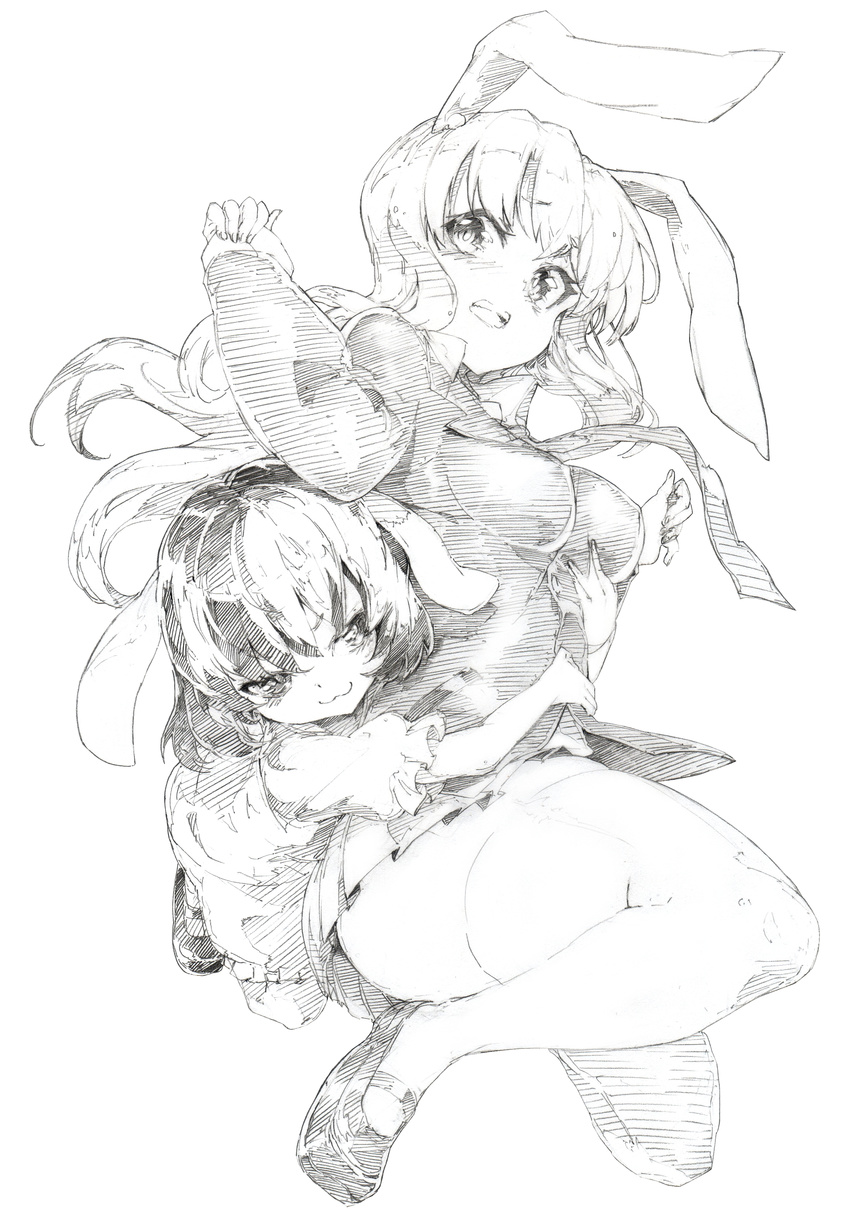 :3 absurdres animal_ears blush bunny_ears colored_pencil_(medium) dress full_body greyscale highres hug inaba_tewi jacket long_hair long_sleeves looking_at_another monochrome multiple_girls necktie open_mouth oshake puffy_sleeves reisen_udongein_inaba shirt shoes short_hair short_sleeves simple_background skirt smile thighhighs touhou traditional_media white_background zettai_ryouiki