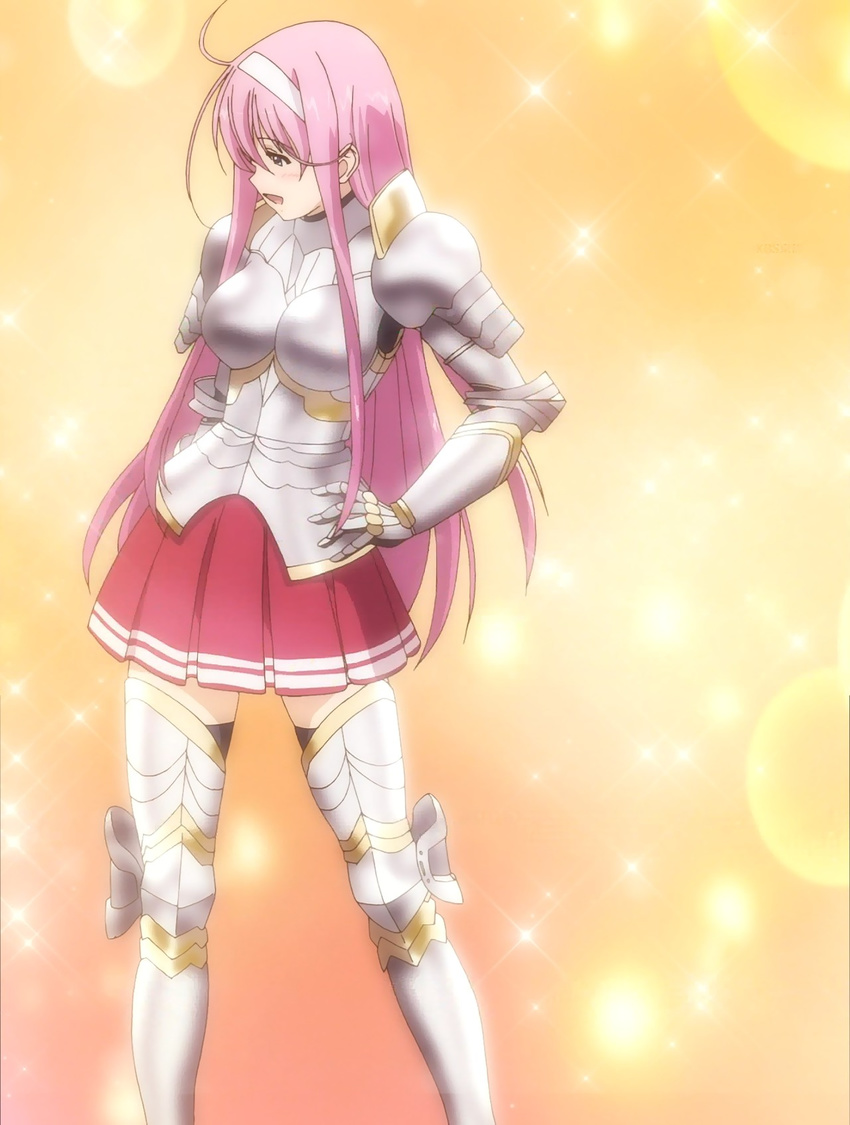 armor blue_eyes boots gauntlets hands_on_hips headband highres kisaki_mio long_hair pink_hair pleated_skirt screencap skirt solo sparkle stitched thigh_boots thighhighs third-party_edit walkure_romanze zettai_ryouiki