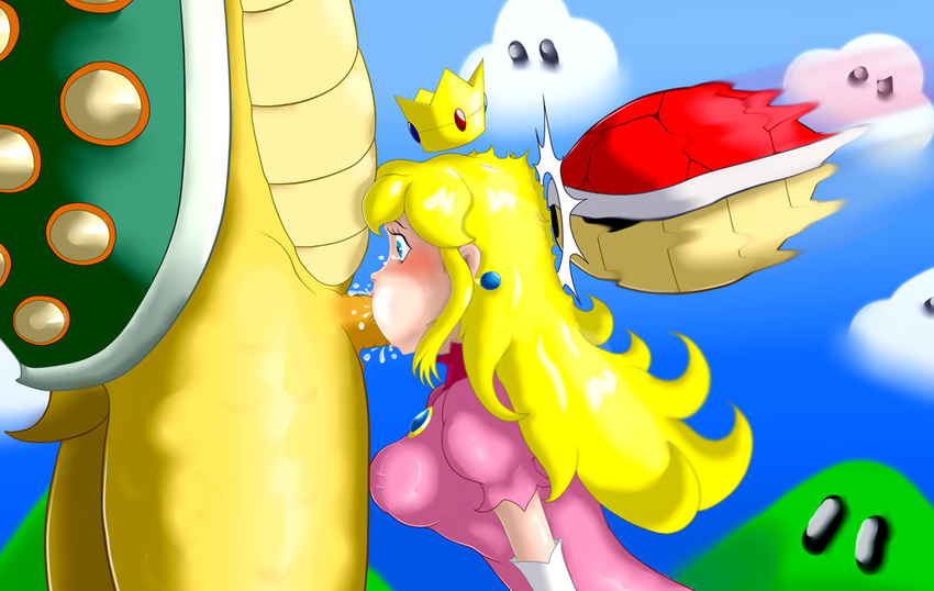 anthro blonde_hair blue_eyes blush breasts crown dragon erection fellatio female hair human human_on_anthro hybrid interspecies long_hair male mammal mario_kart oral oral_sex penis pointsxt princess red_shell reptile royalty scalie sex shell straight turtle