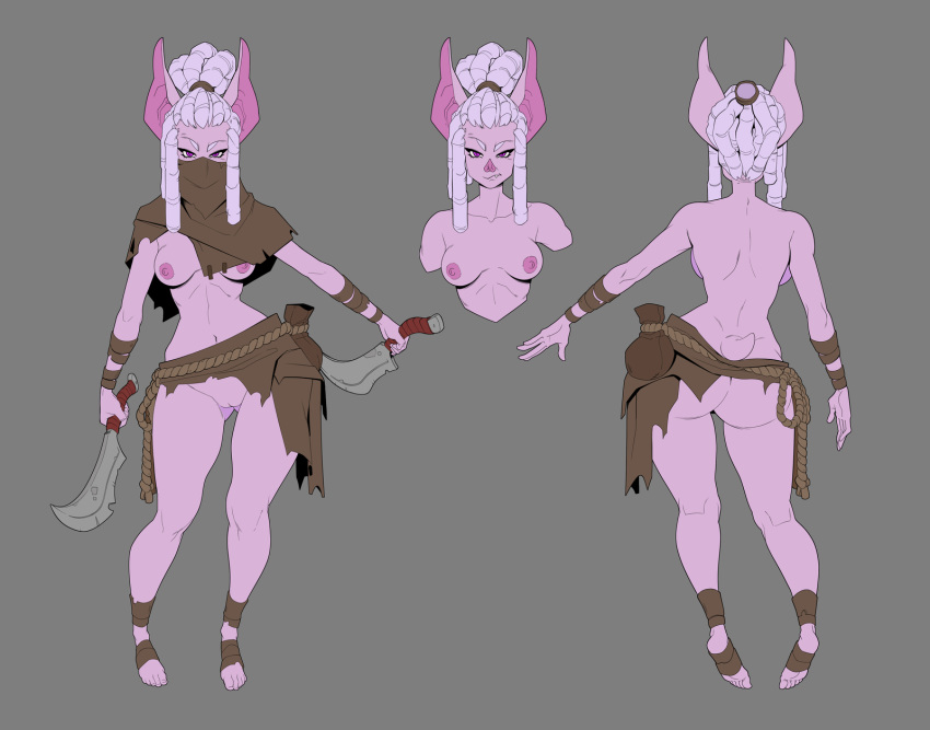 2019 anthro areola bandage big_butt breasts butt chiropteran dagger dreadlocks dual_wielding female flashspot grey_background hair hair_bun hi_res holding_object holding_weapon hollandworks long_hair looking_at_viewer mammal mask melee_weapon model_sheet navel nipples nude pink_eyes pink_hair pink_nose pussy rogue scarf simple_background solo standing tribal weapon wide_hips