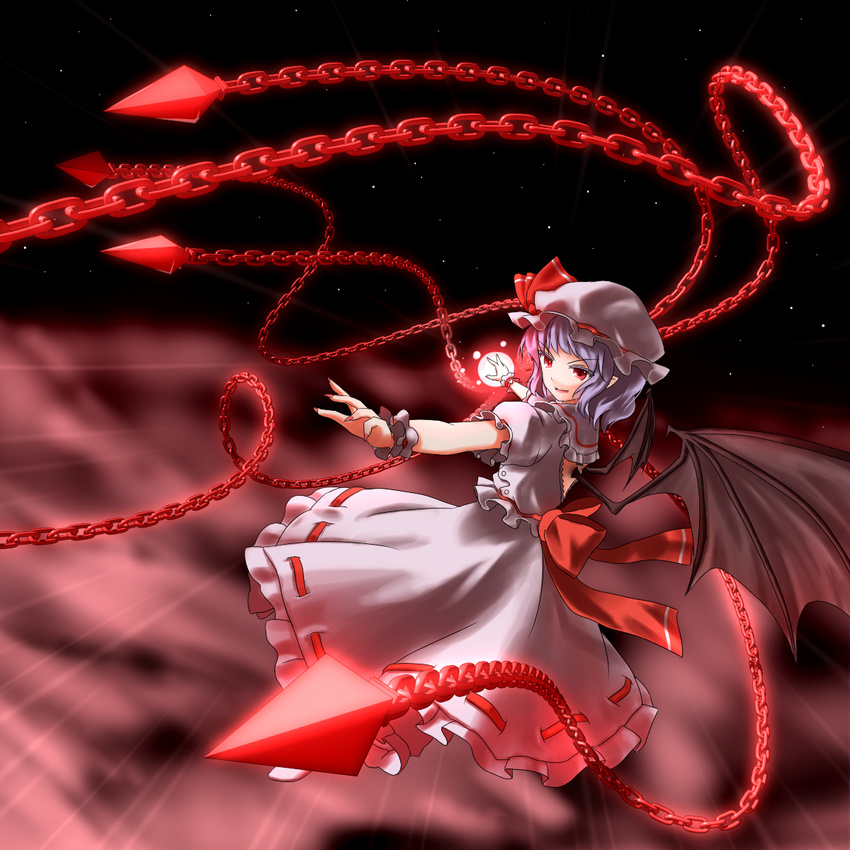 bad_id bad_pixiv_id bat_wings chain colored_eyelashes energy_ball fingernails flying hat hat_ribbon highres lavender_hair minust mob_cap motion_lines night open_mouth outstretched_arms pointy_ears puffy_short_sleeves puffy_sleeves red_clouds red_eyes remilia_scarlet ribbon sharp_fingernails short_hair short_sleeves skirt skirt_set sky solo star_(sky) starry_sky touhou wings wrist_cuffs