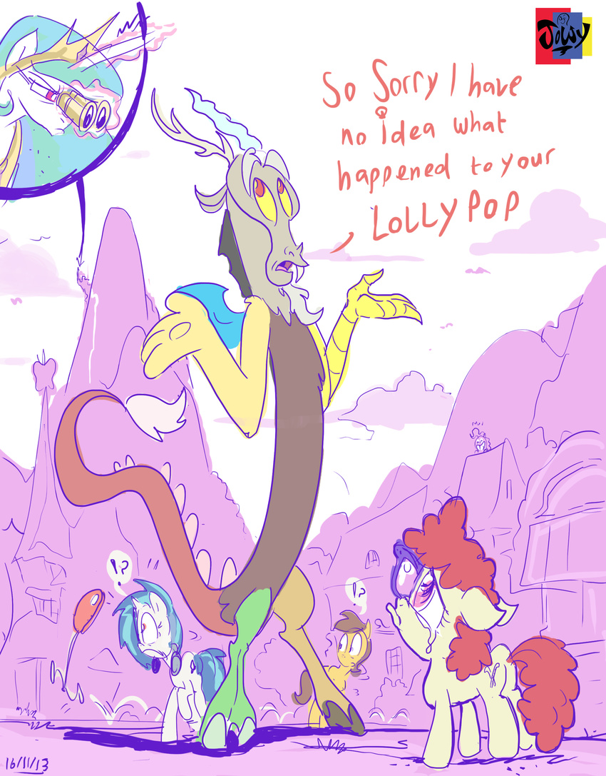 ?! antler antlers binoculars blue_hair brown_hair candy canterlot caramel_(mlp) crown crying curly_hair cutie_mark dialog discord_(mlp) draconequus english_text equine fangs female feral friendship_is_magic gold group hair horn horse house jowybean lollipop male mammal my_little_pony necklace outside pony ponyville princess_celestia_(mlp) purple_eyes red_eyes red_hair sky surprise tears text twist_(mlp) unicorn upset vinyl_scratch_(mlp) wings