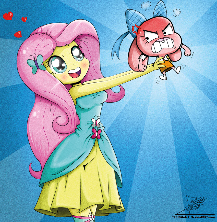 &lt;3 anais_watterson angry blue_eyes bow clothing crossover dress duo equestria_girls female fluttershy_(eg) hair holding human lagomorph mammal my_little_pony pink_hair rabbit smile steam the-butch-x the_amazing_world_of_gumball