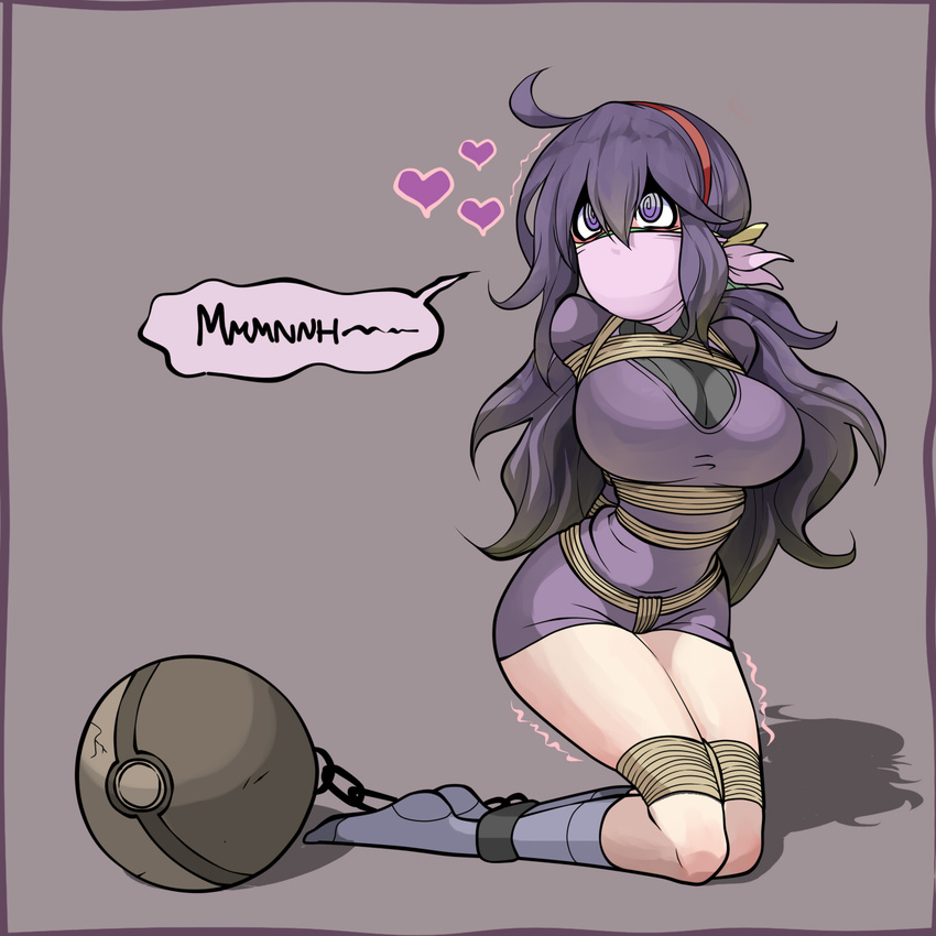 @_@ ahoge al_bhed_eyes alternate_breast_size ball_and_chain_restraint bdsm bondage bound breasts cloth_gag crotch_rope gag gagged hairband heart hex_maniac_(pokemon) highres improvised_gag jam-orbital kneeling large_breasts long_hair messy_hair over_the_nose_gag pokemon purple_eyes purple_hair rope simple_background socks solo