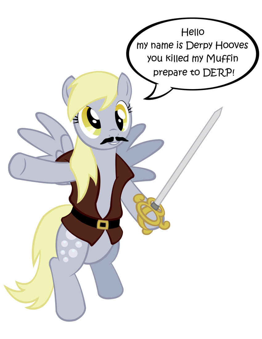 blonde_hair brown_clothing bubble bubbles clothing cosplay cutie_mark derp_eyes derpy_hooves_(mlp) dialog english_text equine eyelashes facial_hair female feral friendship_is_magic fur gray_body grey_body grey_fur hair horse inigo_montoya long_hair mammal mustache my_little_pony noxogz open_mouth pegasus pirate plain_background pony smile solo standing sword teeth text vest weapon white_background wings yellow_eyes