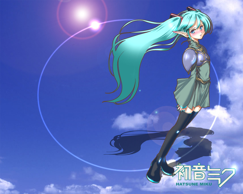 artist_request blush cosplay deedlit deedlit_(cosplay) green_eyes green_hair hatsune_miku lens_flare long_hair pointy_ears record_of_lodoss_war solo thighhighs vocaloid