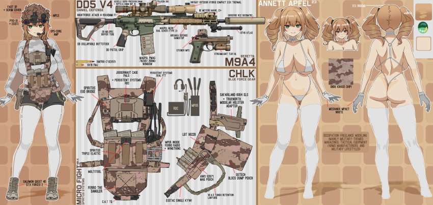 1girl absurdres ammunition ammunition_pouch ar-10 armpit_crease arms_at_sides ass back backboob bare_shoulders battle_rifle beretta_92 bikini black_shorts body_armor breasts brown_background brown_hair brown_shoes camouflage camouflage_jacket choker closed_mouth collarbone commission dgkamikaze drill_hair dual_ptt english_text freckles frilled_choker frills gloves green_eyes grey_bikini grey_choker grey_gloves grey_jacket grey_sleeves grey_thighhighs gun handgun helmet highres holster jacket large_breasts load-bearing_vest long_hair long_sleeves magazine_(weapon) midriff mole mole_on_breast multiple_views navel o-ring o-ring_bikini original pouch reference_sheet rifle scope shadow shoes shorts simple_background skindentation suppressor swimsuit thermal_scope thighhighs twin_drills weapon