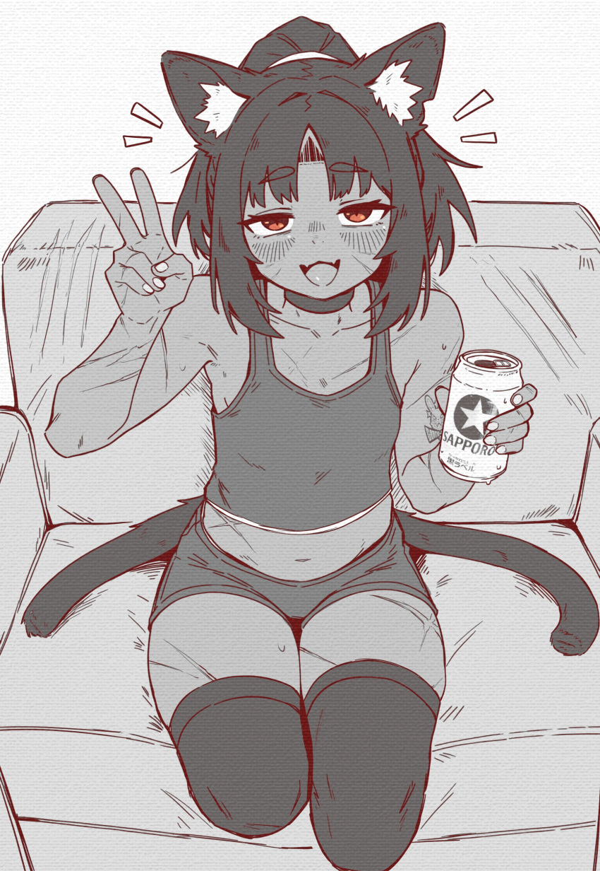 1girl absurdres alcohol amputee animal_ear_fluff animal_ears barcode barcode_tattoo bare_shoulders beer beer_can caffichai can cat_ears cat_girl cat_tail claw_mark commentary couch dark-skinned_female dark_skin double_amputee drink_can english_commentary facial_mark fangs fingernails flat_chest forehead_mark forehead_tattoo greyscale highres holding holding_can legless_amputee long_hair looking_at_viewer midriff monochrome multiple_scars multiple_tails navel nekomiya_mana open_mouth orange_eyes red_eyes sapporo_beer scar scar_on_arm scar_on_face scar_on_thigh shorts sitting skin_fangs solo spot_color tail tank_top tattoo thighhighs triangle triangle_facial_mark two_tails v zenless_zone_zero