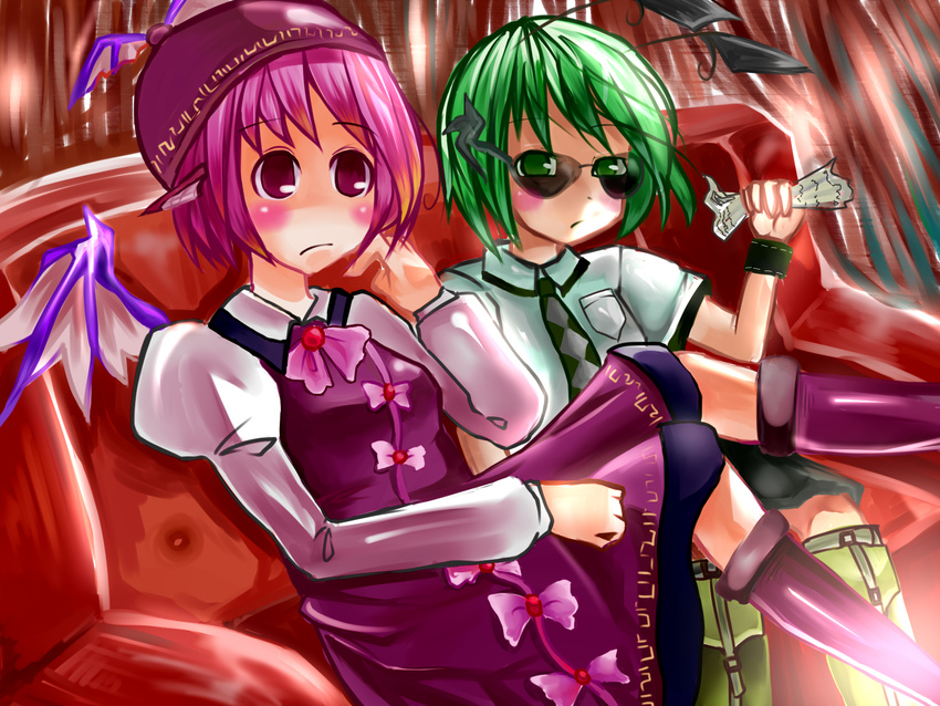 antennae bad_id bad_pixiv_id face green_eyes green_hair hat highres multiple_girls mystia_lorelei pink_eyes pink_hair sunglasses taria touhou wings wriggle_nightbug