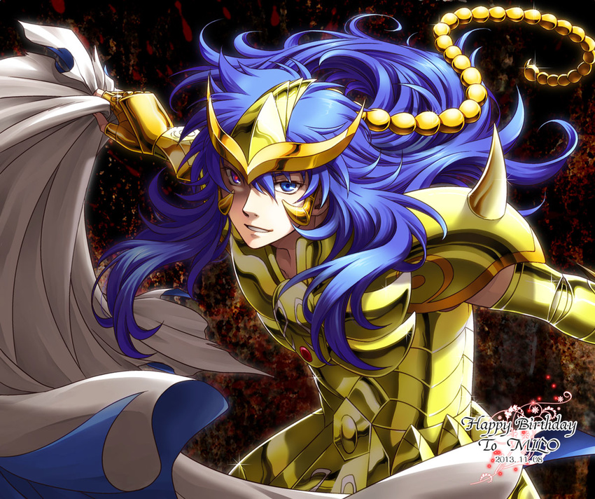 armor blue_eyes blue_hair cape dated glowing glowing_eye happy_birthday long_hair looking_at_viewer male_focus mikage_(mikazuki_no_koufuku) saint_seiya scorpio_milo solo