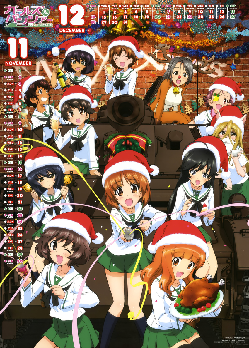 :d ;d ^_^ absurdres aiming_at_viewer akiyama_yukari animal_costume animal_ears antlers bangs bell bell_collar black_hair black_legwear blue_eyes blue_hair blunt_bangs blush bottle brick_wall brown_eyes brown_hair cake calendar_(medium) cat_ears christmas christmas_garland closed_eyes collar copyright_name cup dark_skin drunk eating english expressionless eyepatch fake_animal_ears fake_antlers fake_beard fake_facial_hair food fork garland_(decoration) girls_und_panzer glass graffiti green_eyes green_skirt grey_hair grin ground_vehicle hair_between_eyes hat highres holding holding_bottle holding_cup holding_plate holly hoshino_(girls_und_panzer) isuzu_hana kneehighs long_hair looking_at_another looking_at_viewer merry_christmas messy_hair military military_vehicle miniskirt momogaa motor_vehicle multiple_girls neckerchief nekonyaa nishizumi_miho official_art one_eye_closed ooarai_school_uniform open_mouth panzerkampfwagen_iv party_popper pink_eyes pink_hair piyotan plate pleated_skirt pom_pom_(clothes) reindeer_costume reizei_mako santa_hat school_uniform serafuku short_hair sitting skirt smile standing streamers sugimoto_isao suzuki_(girls_und_panzer) takebe_saori tank thighhighs tray tsuchiya_(girls_und_panzer) turkey_(food) zettai_ryouiki