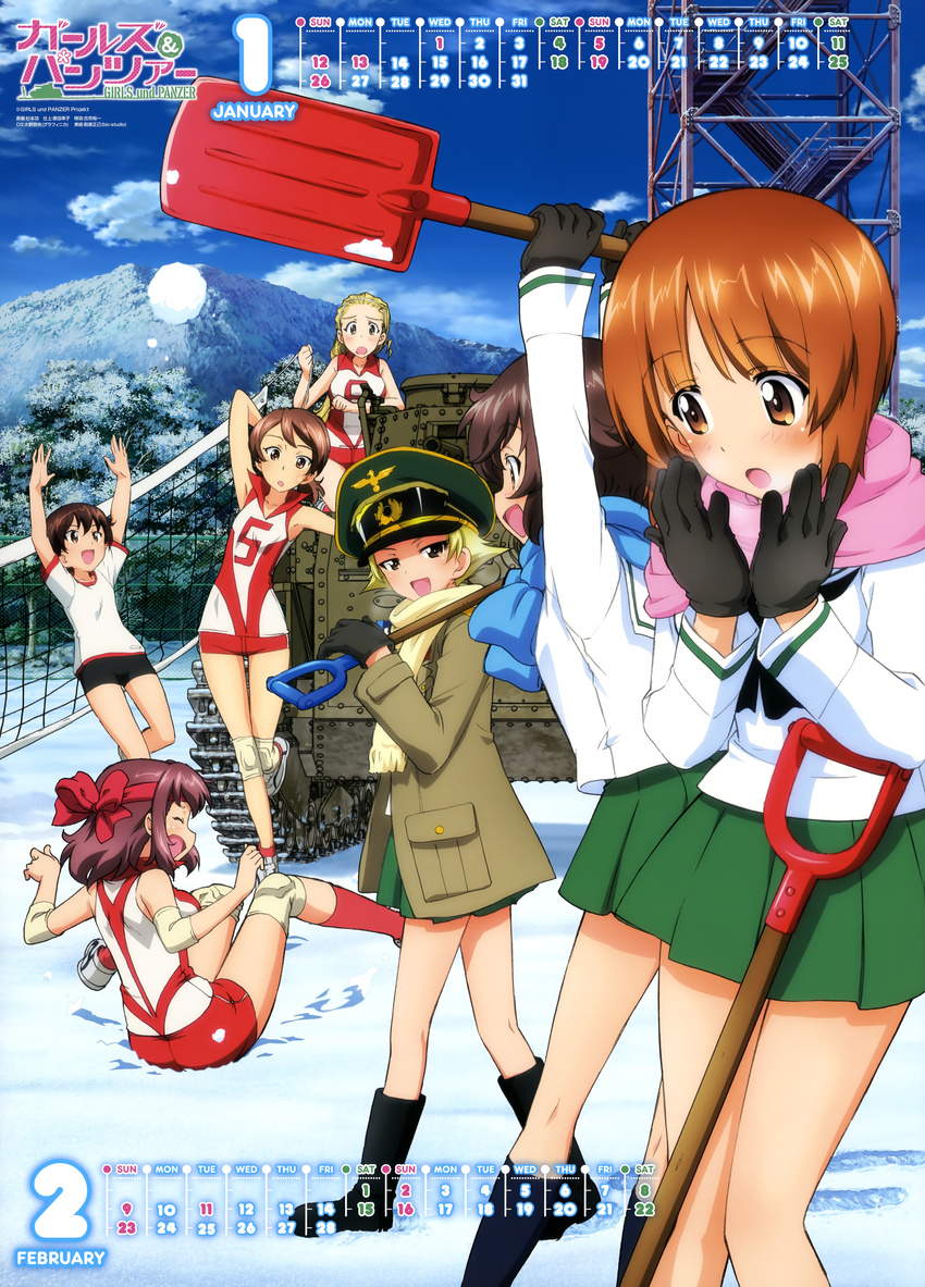 :d :o absurdres akiyama_yukari bike_shorts blush boots breath calendar_(medium) cloud day erwin_(girls_und_panzer) girls_und_panzer gloves ground_vehicle gym_shorts hat highres isobe_noriko kawanishi_shinobu kondou_taeko military military_hat military_uniform military_vehicle motor_vehicle multiple_girls nishizumi_miho official_art ooarai_school_uniform open_mouth peaked_cap sasaki_akebi scarf school_uniform short_shorts shorts shovel skirt sky smile snow snowball sportswear sugimoto_isao tank type_89_i-gou uniform v-shaped_eyebrows volleyball volleyball_net volleyball_uniform