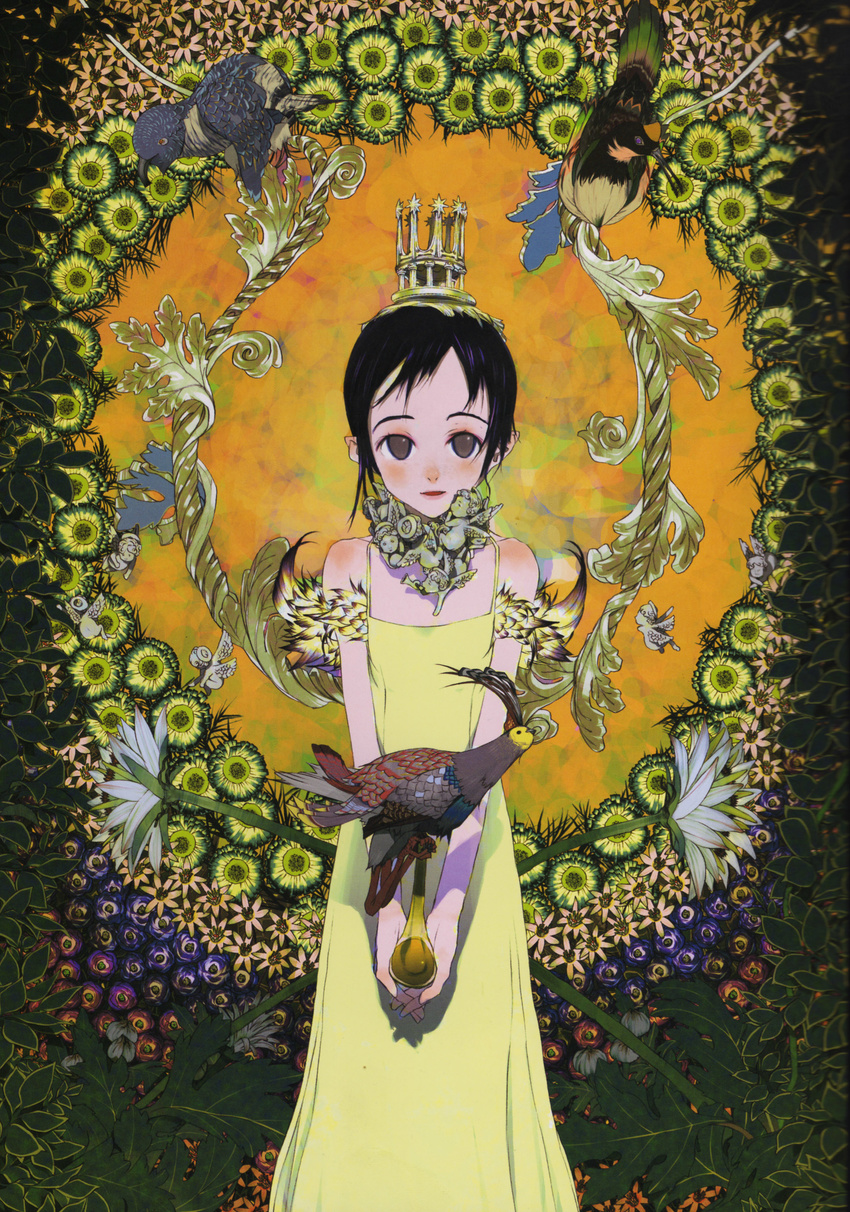 absurdres bare_shoulders bird black_hair blush brown_eyes crown dress flower hat highres jewelry okama open_mouth original scan short_hair smile solo yellow_dress