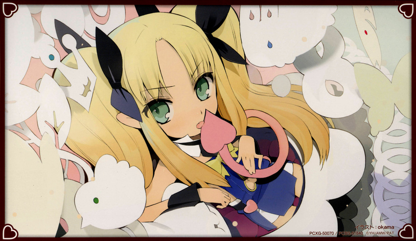 absurdres astarotte_ygvar blonde_hair demon_tail detached_collar flat_chest frown green_eyes hair_ribbon highres licking long_hair lotte_no_omocha! okama pointy_ears ribbon sexually_suggestive solo tail tongue tongue_out twintails wrist_cuffs