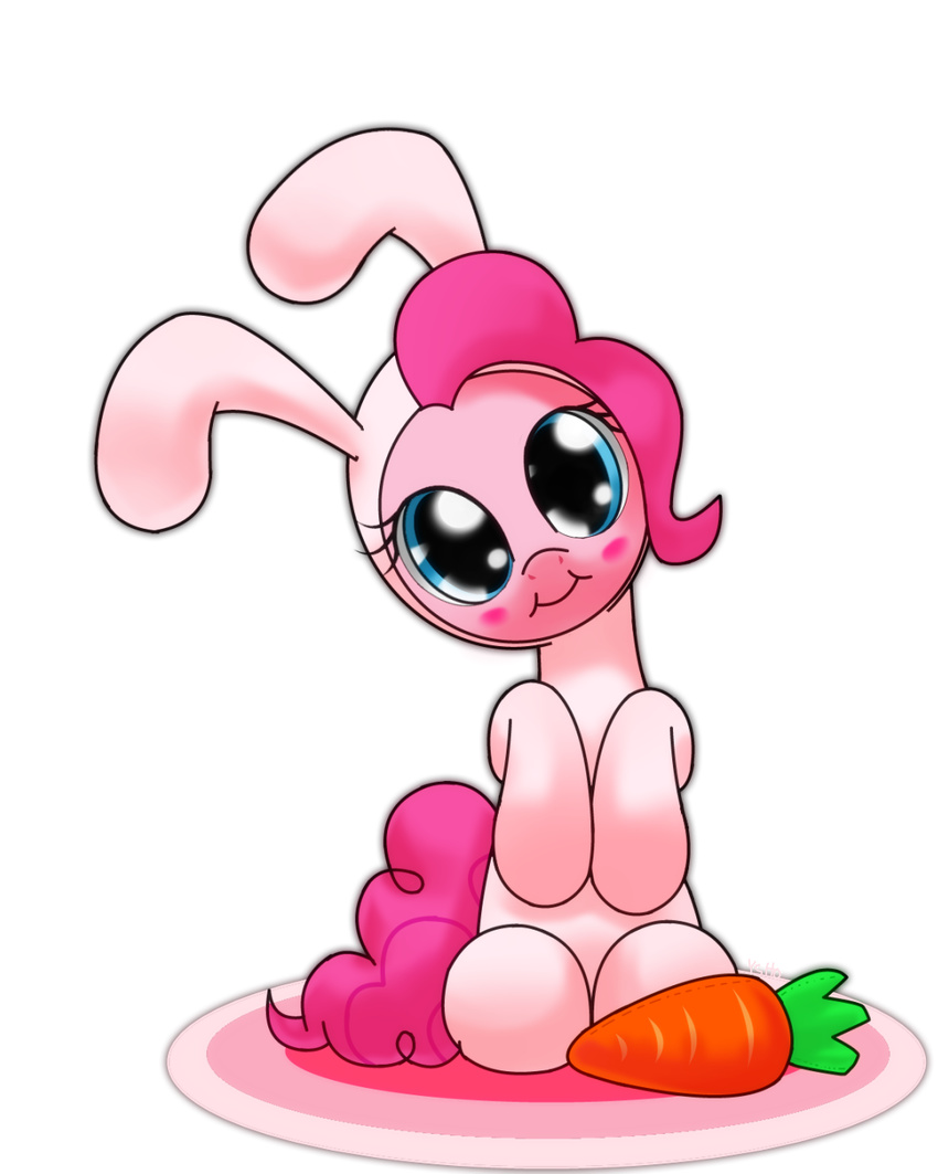 animal_ears blue_eyes blush carrot cute equine female feral friendship_is_magic fur hair horse hoyeechun long_hair looking_at_viewer mammal my_little_pony pillow pink_fur pink_hair pinkie_pie_(mlp) plain_background pony rabbit_ears rabbit_suit smile solo