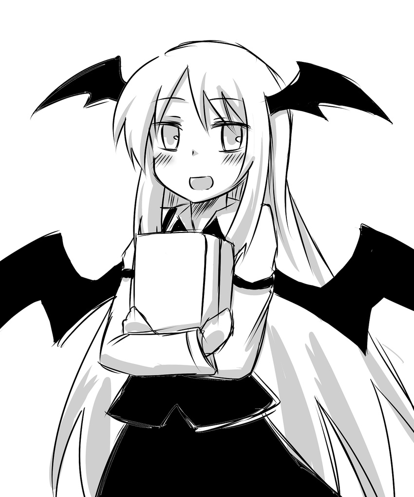 :d armband bat_wings blush book book_hug dress_shirt greyscale head_wings highres holding holding_book koakuma long_hair long_sleeves looking_at_viewer monochrome open_mouth shirt simple_background sketch skirt skirt_set smile solo touhou very_long_hair vest white_background wings yutamaro