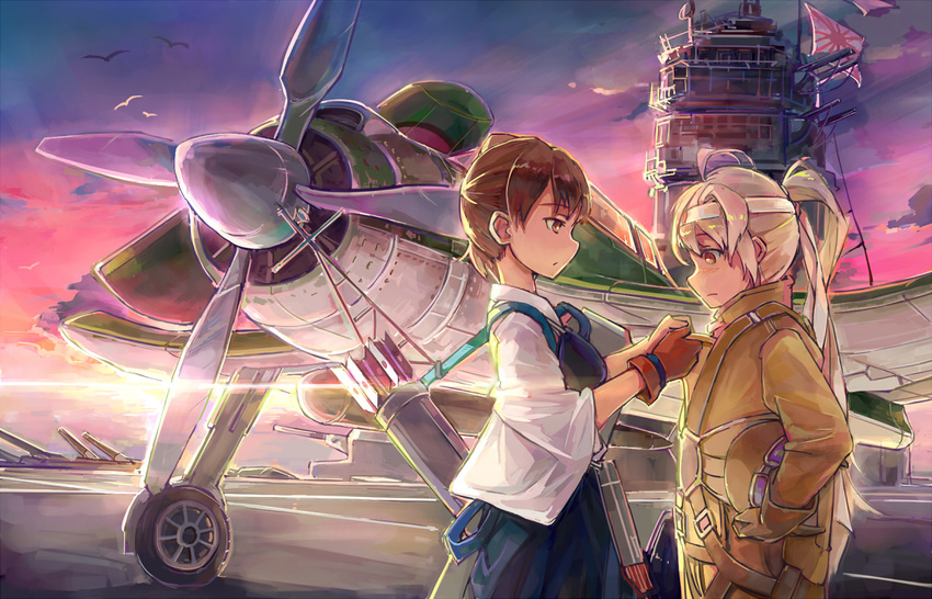 2girls aircraft blonde_hair brown_eyes brown_hair d.b.spark fairy_(kancolle) gloves headband kaga_(kancolle) kantai_collection long_hair ponytail short_hair uniform