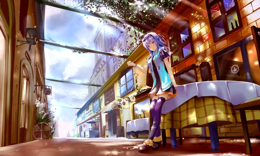 bad_id bad_pixiv_id bow brick_wall cloud dress eyewear_on_head half_updo highres kyaro_(kyaro54) loafers long_hair original outdoors pavement purple_eyes purple_hair purple_legwear road running_bond shoes sign sky solo street sunglasses table tablecloth thighhighs umbrella watch window zettai_ryouiki