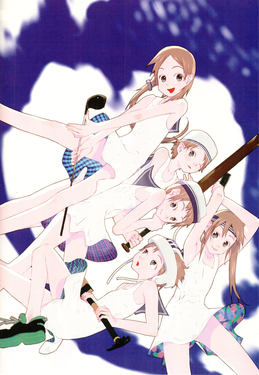 absurdres armpits arms_up bare_legs bare_shoulders baseball_bat black_eyes brown_hair cricket_bat dress golf_club hair_ornament hat headband headgear highres long_hair multiple_girls okama one_eye_closed open_mouth original sailor_dress scan side_ponytail smile white_dress