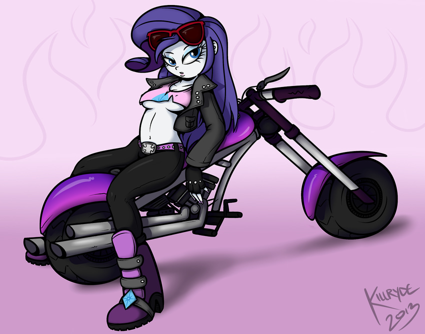 breasts equestria_girls eyewear female friendship_is_magic gloves human killryde leather_coat leather_pants mammal motorcycle my_little_pony nail_polish open_mouth rarity_(eg) rarity_(mlp) solo sunglasses under_boob