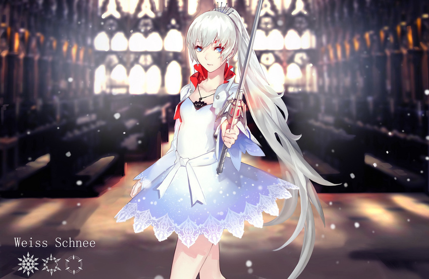 blood blue_eyes dress kiwamu long_hair necklace ponytail rwby sword weapon weiss_schnee white_hair