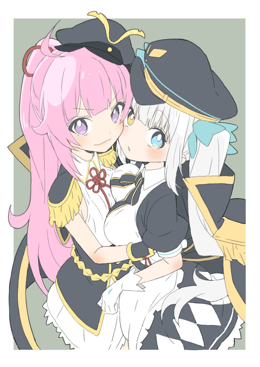 2girls absurdres aiguillette asymmetrical_docking black_hat blue_eyes blue_ribbon blush breast_press breasts cape closed_mouth donguri_suzume epaulettes flat_chest frills fringe_trim from_above gloves hair_ribbon hat heterochromia highres kagura_mea kagura_mea_channel lips long_hair looking_at_viewer medium_breasts mole mole_under_eye multiple_girls oda_nobuhime oda_nobuhime_(channel) parted_lips paryi_project peaked_cap pink_hair ponytail puffy_short_sleeves puffy_sleeves purple_eyes red_ribbon ribbon short_sleeves simple_background sleeveless smile twintails virtual_youtuber white_gloves yellow_eyes