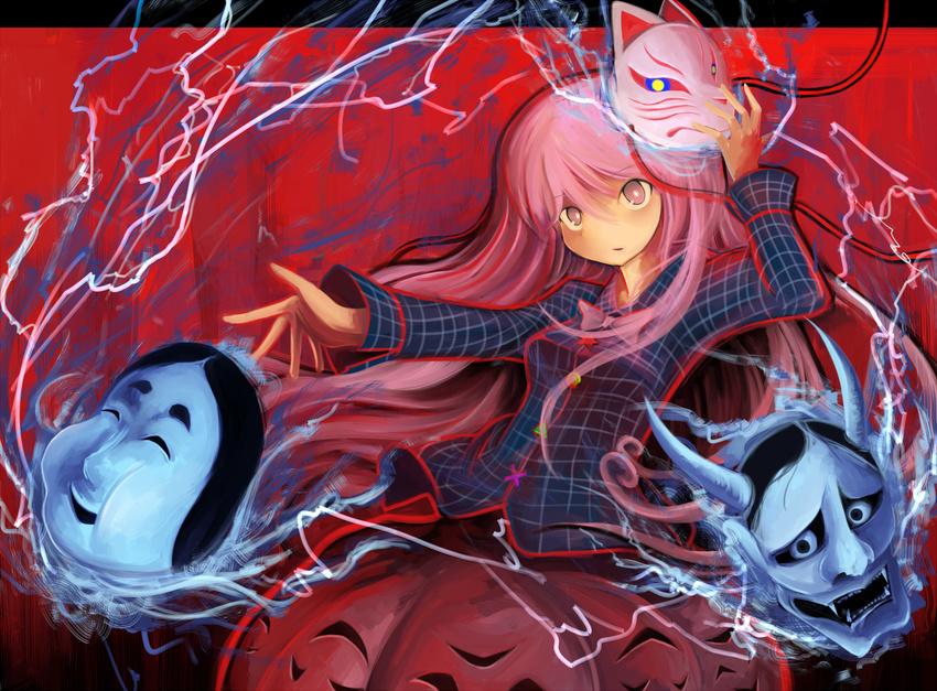 arm_up bad_id bad_pixiv_id expressionless fox_mask hata_no_kokoro lightning long_hair long_sleeves looking_at_viewer mask momen102_(sji09u) multicolored multicolored_background noh_mask oni_mask open_hand outstretched_arm parted_lips pink_eyes pink_hair plaid plaid_shirt shirt skirt solo star touhou triangle very_long_hair x