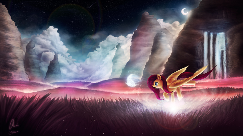equine female feral fluttershy_(mlp) friendship_is_magic fur grass hair horse mammal moon my_little_pony outside pink_hair pony rain-gear solo stars water waterfall wings yellow_feathers yellow_fur