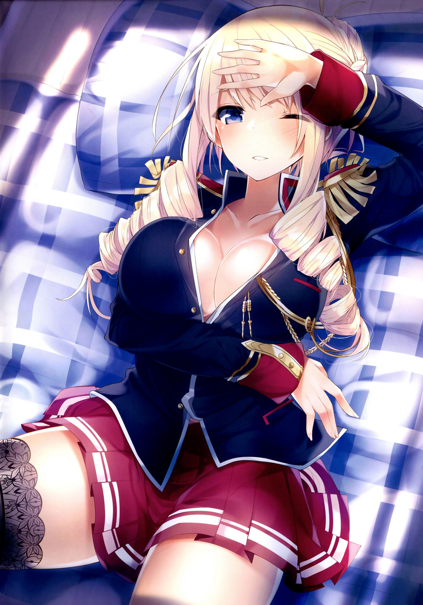 absurdres arm_up artist_request bertille_althusser black_legwear blonde_hair blue_eyes breast_hold breasts cleavage drill_hair epaulettes grin hand_on_forehead highres lace lace-trimmed_thighhighs large_breasts lying on_back one_eye_closed parted_lips pleated_skirt scan school_uniform skirt smile solo thighhighs walkure_romanze