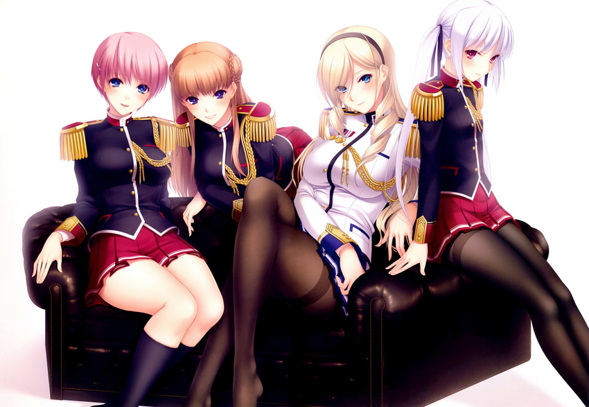 absurdres artist_request bent_over black_legwear blonde_hair blue_eyes braid brown_hair celia_kumani_entory couch crossed_legs drill_hair epaulettes french_braid grin hair_ornament hair_ribbon hairband hairclip highres kisaki_mio kneehighs lisa_eostre long_hair multiple_girls navy_blue_legwear noel_maresse_ascot pantyhose pink_hair pleated_skirt purple_eyes ribbon school_uniform short_hair silver_hair sitting skirt smile thighband_pantyhose twintails walkure_romanze