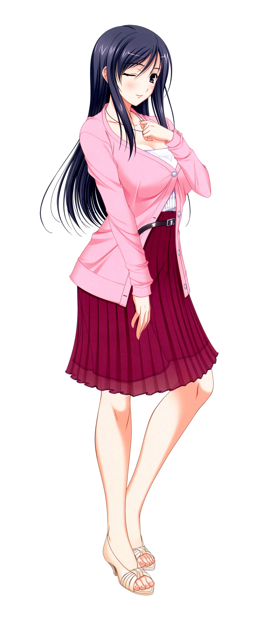 ;) absurdres black_hair blouse breasts cleavage dress highres hiiragi_ayako japanese_clothes kimono komori_kei large_breasts long_skirt long_sleeves miko one_eye_closed pleated_skirt purple_eyes red_skirt sandals scan simple_background skirt smile standing walkure_romanze white_background