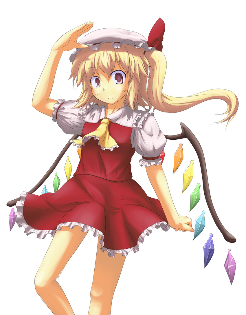 blonde_hair bow flandre_scarlet hair_bow hat hat_bow highres kusanagi_matabi red_eyes side_ponytail solo touhou wings