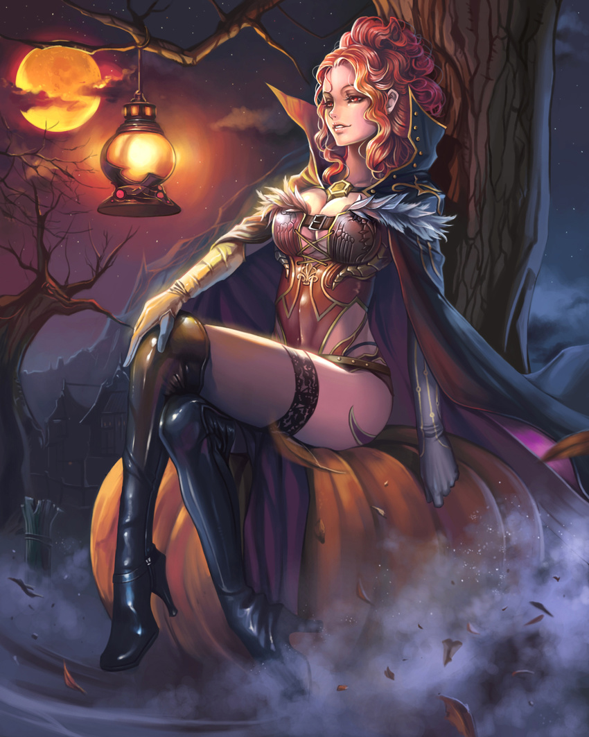 banned_artist belt boots breasts cape cleavage crossed_legs full_moon gloves halloween high_heel_boots high_heels highres knee_boots lace lace-trimmed_thighhighs lantern large_breasts leotard lips moon original pumpkin red_eyes red_hair sitting smile solo thighhighs tree yinan_cui