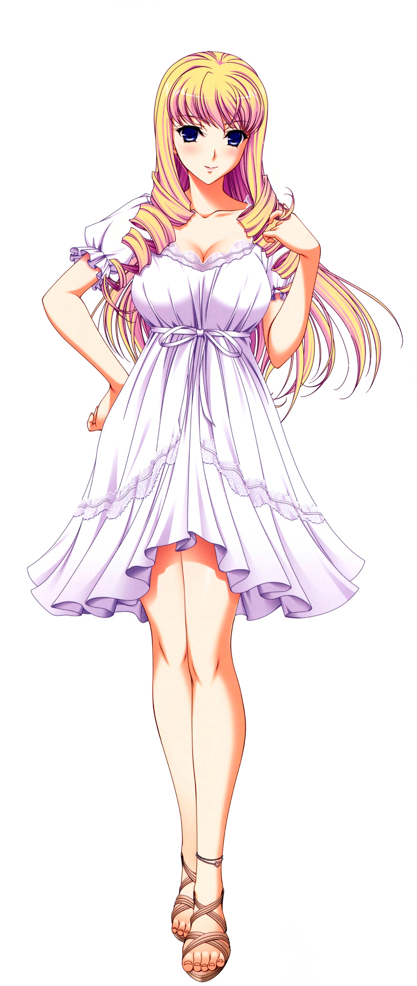absurdres anklet bertille_althusser blonde_hair blue_eyes blush breasts cleavage dress drill_hair highres jewelry komori_kei large_breasts legs long_hair looking_at_viewer sandals scan simple_background solo twin_drills twintails very_long_hair walkure_romanze